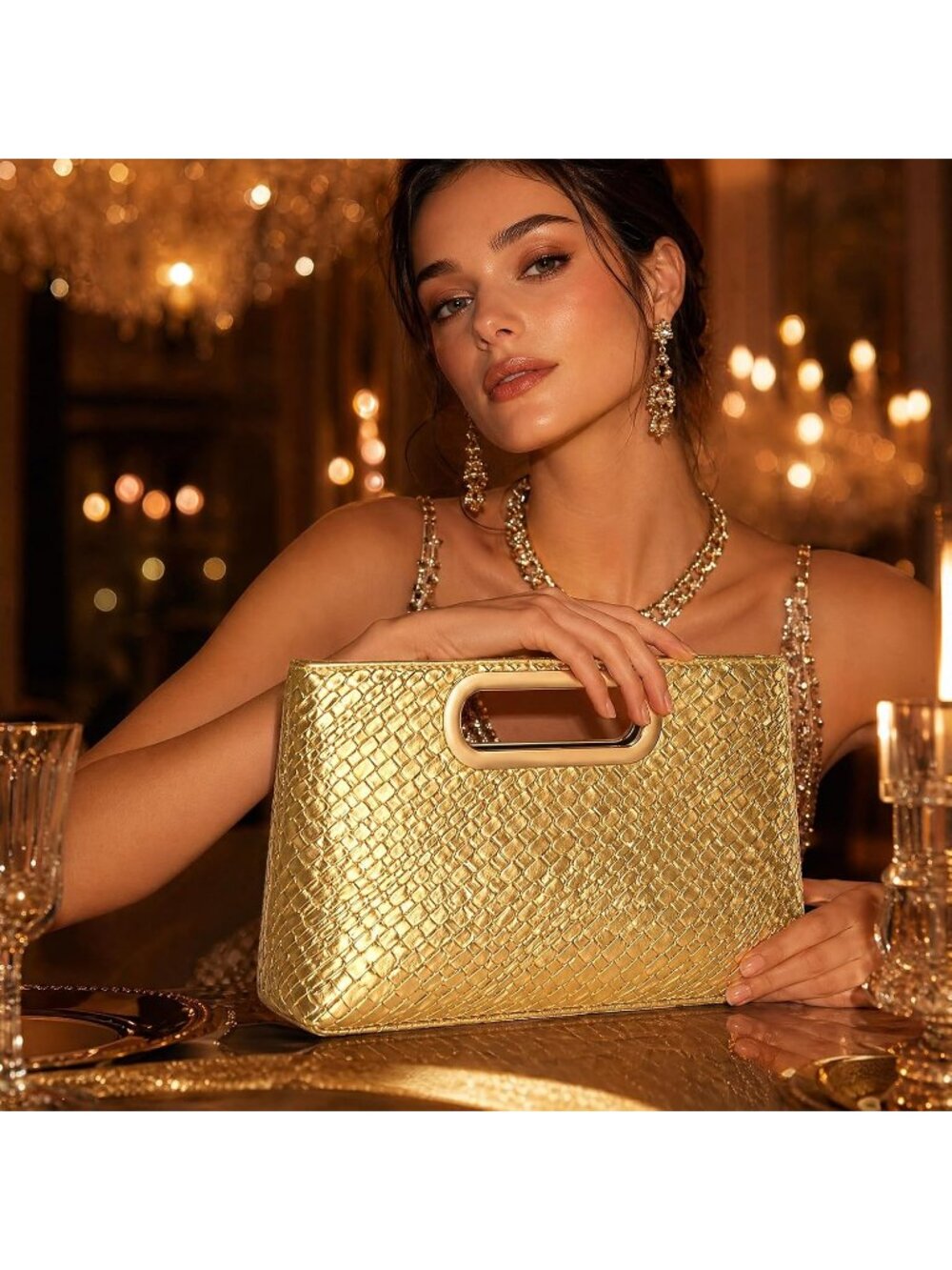 〽️Women's Gold Faux Leather Detachable Chain Wedding Party Handbag Clutch Purse - Picture 6 of 6